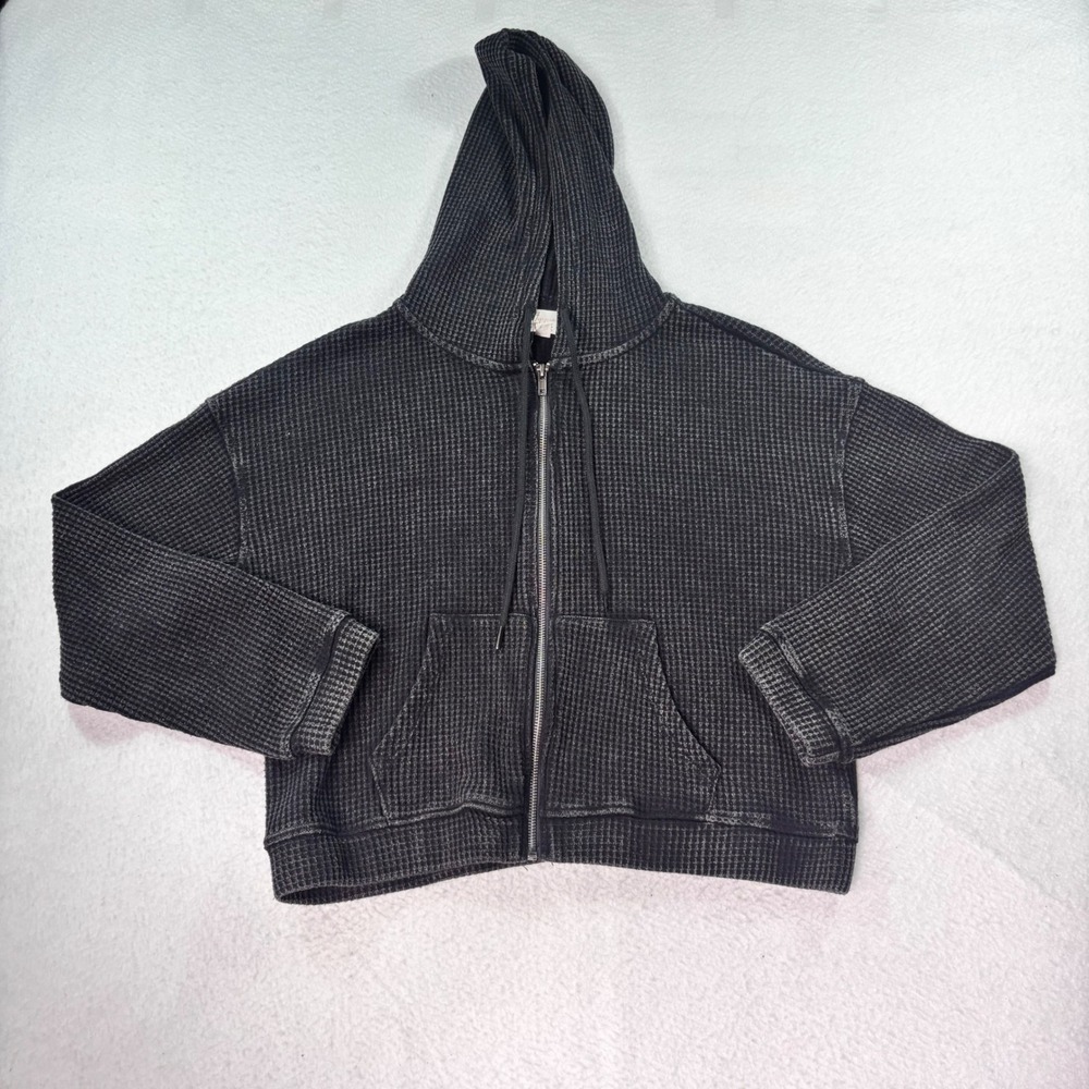 Hippie Rose Waffle Knit Zip Hoodie Black Cropped Thermal Full Zip Size Large